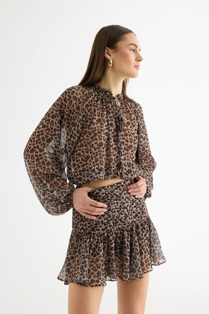 Leopar Desenli Fırfırlı Şifon Mini Etek Kahverengi