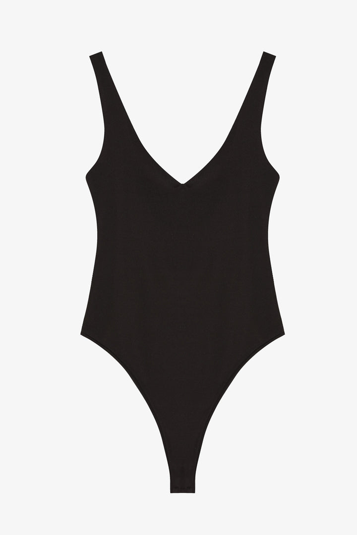 V Yaka Basic Bodysuit Siyah
