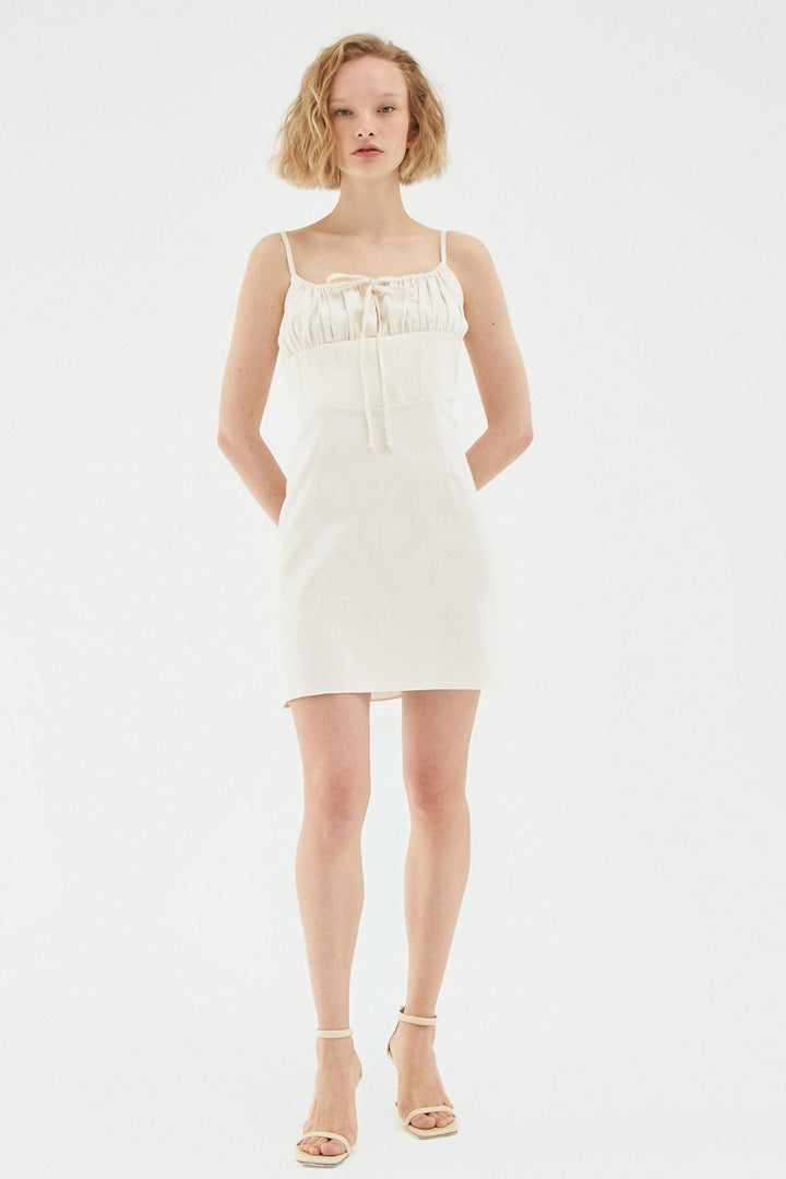 Askılı Balenli Mini Elbise Naturel