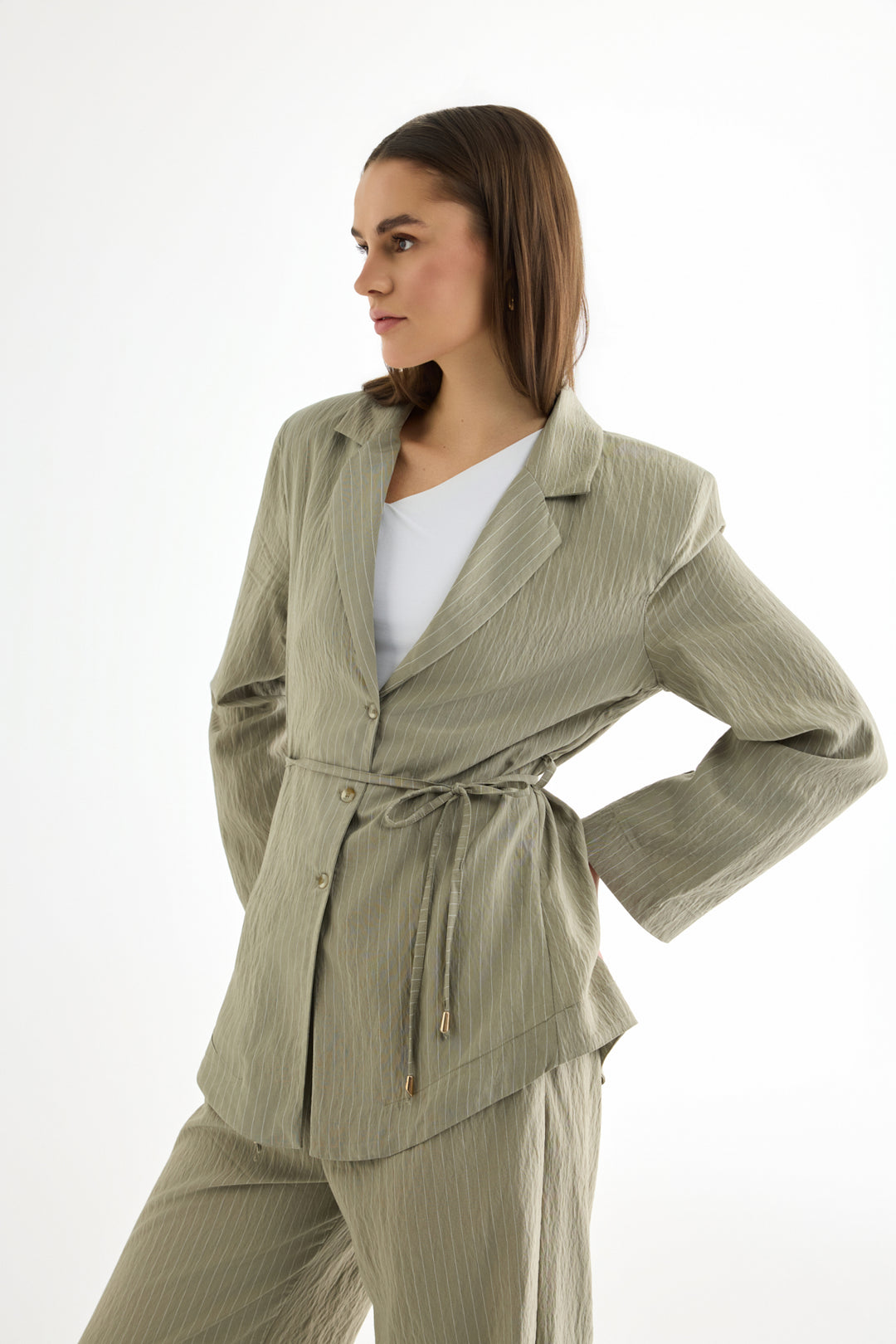 Çizgili Bağcıklı Gömlek Ceket Haki