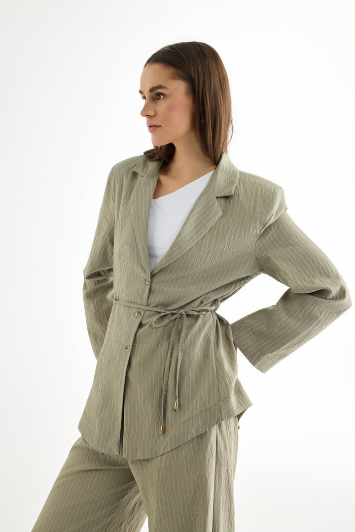 Çizgili Bağcıklı Gömlek Ceket Haki