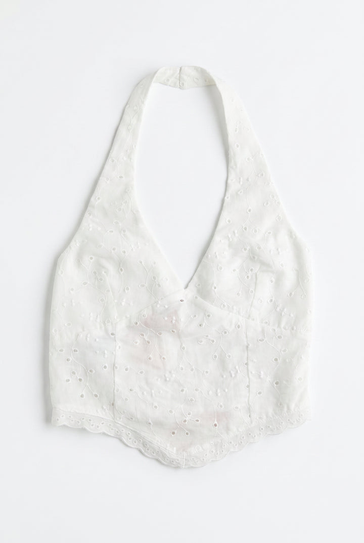 Halter Yaka İşlemeli Bluz Ekru