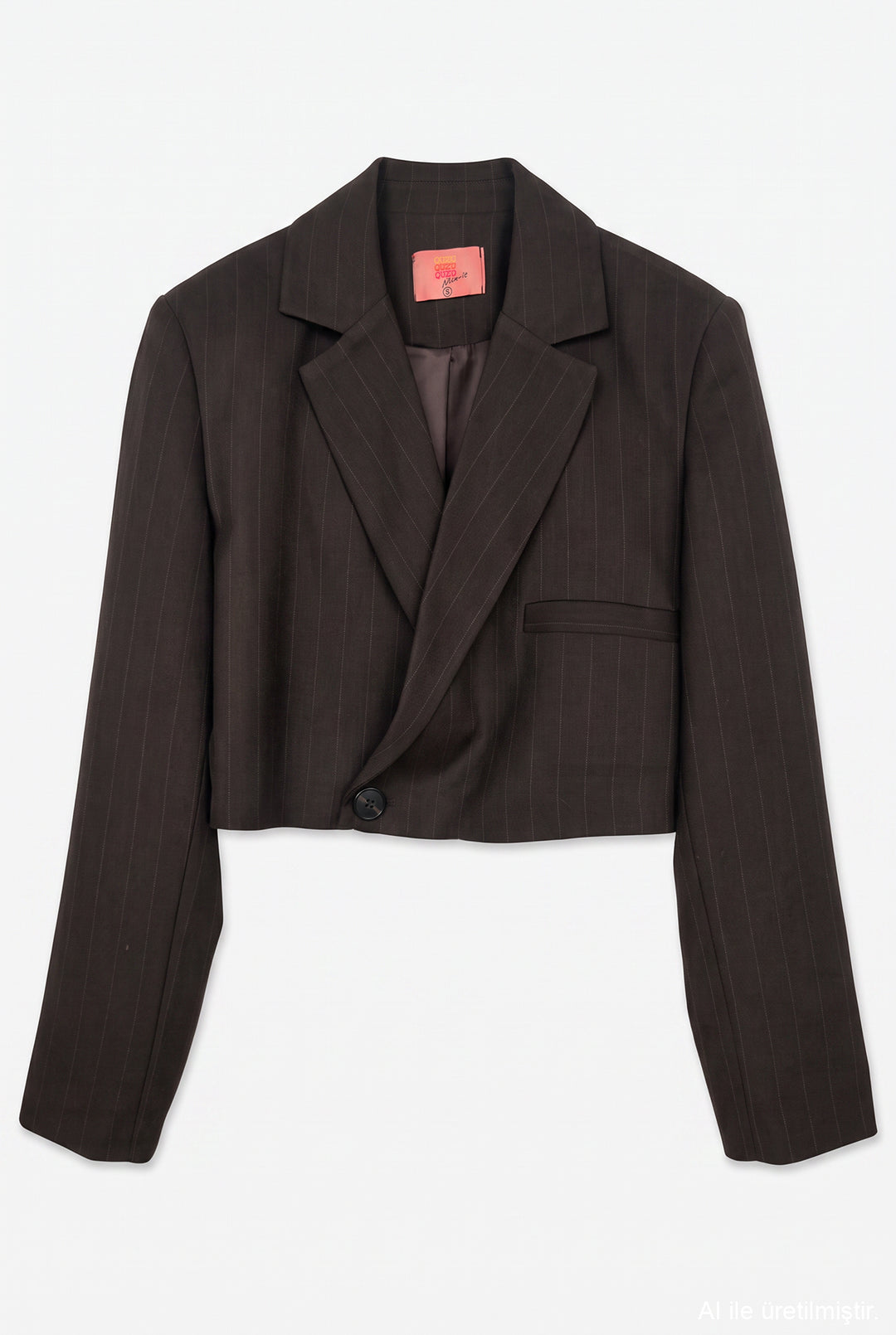 İnce Çizgili Kruvaze Crop Blazer Ceket Kahverengi