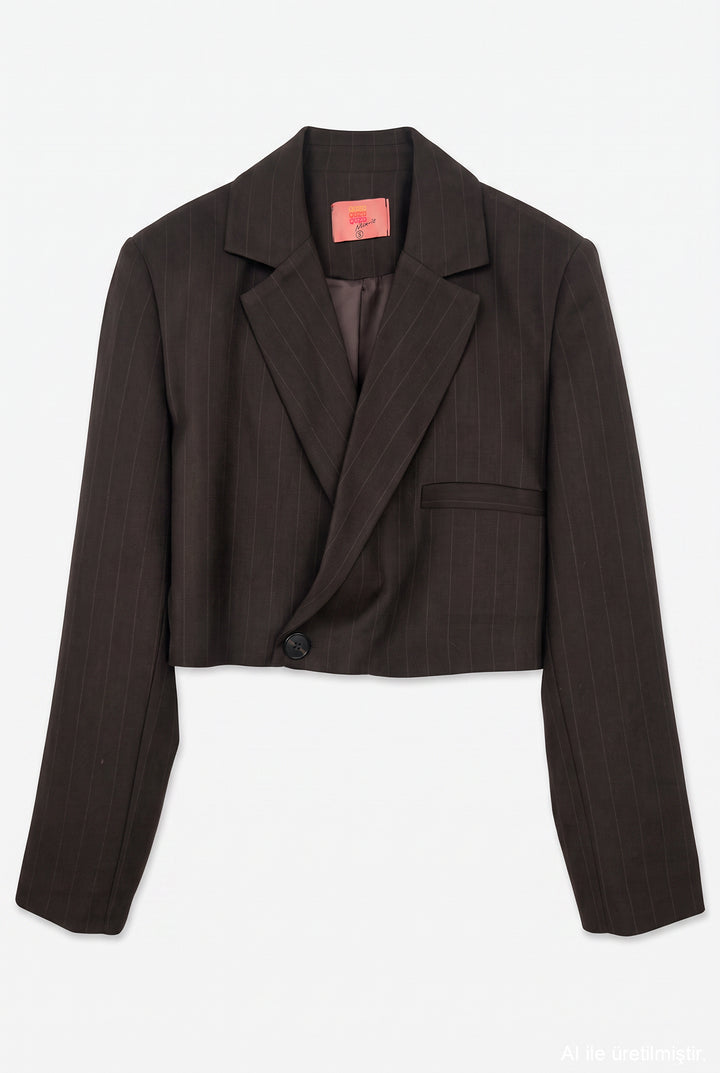 İnce Çizgili Kruvaze Crop Blazer Ceket Kahverengi