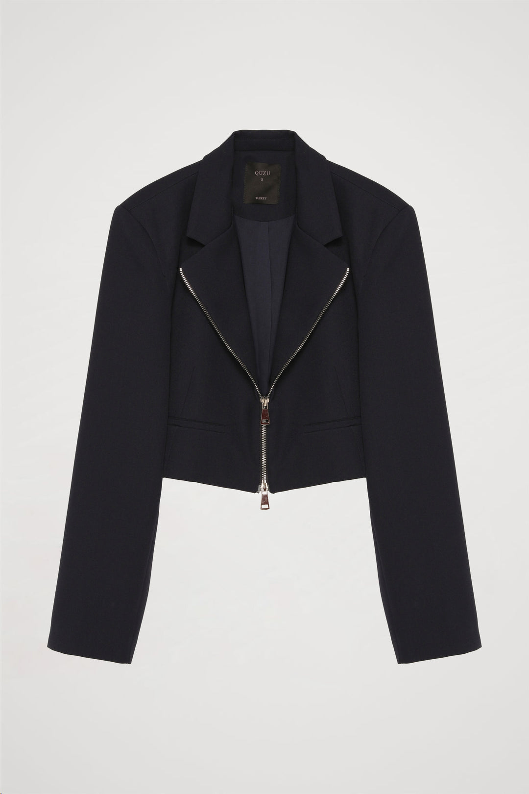 Önden Fermuarlı Crop Blazer Ceket Lacivert