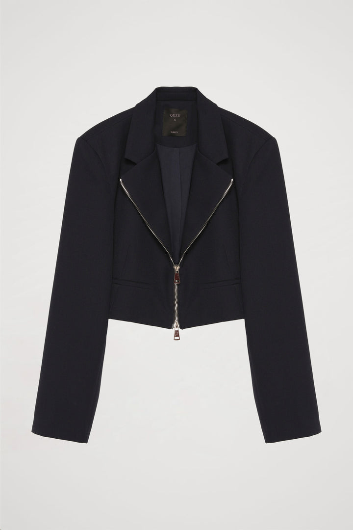 Önden Fermuarlı Crop Blazer Ceket Lacivert