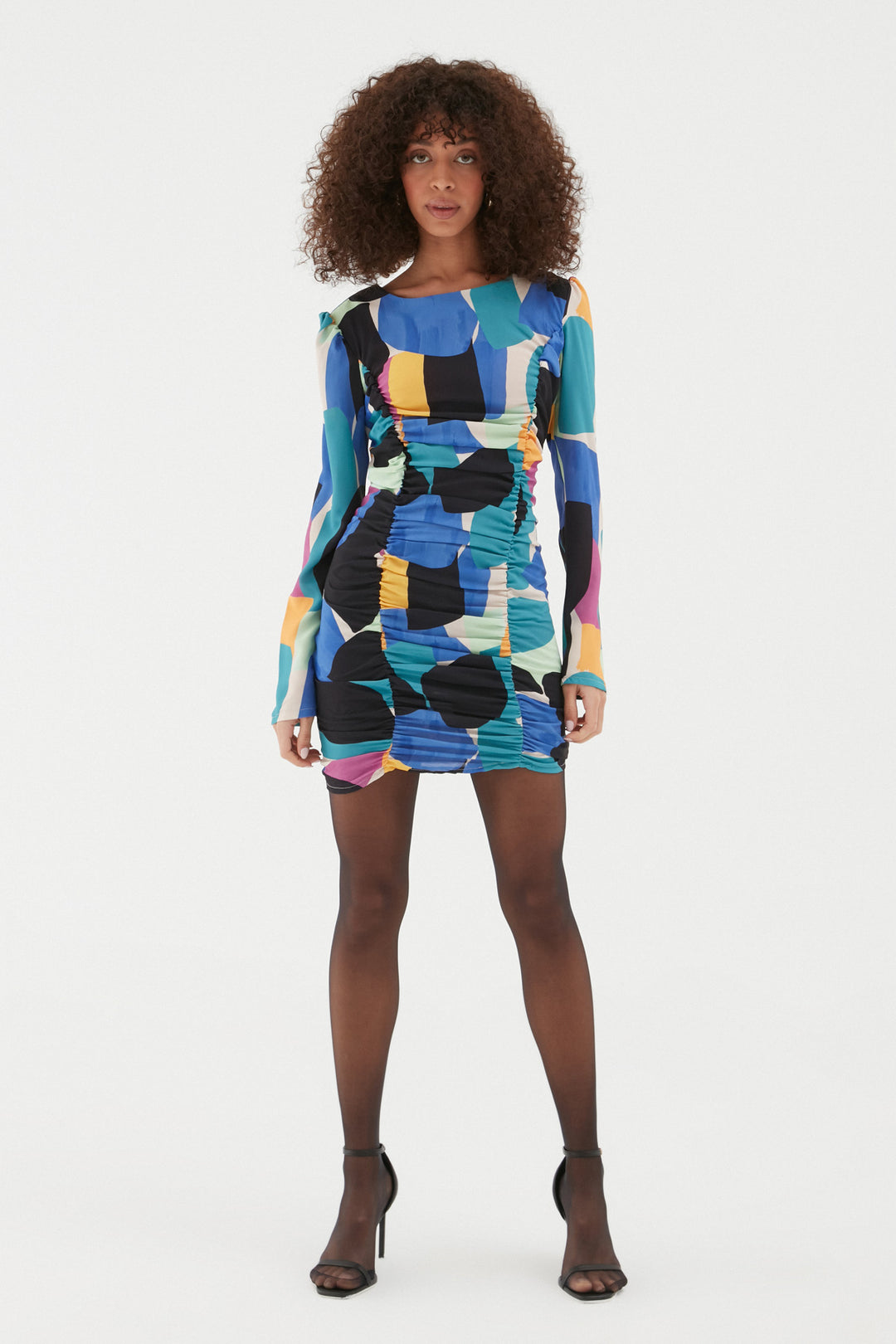 Renkli Desenli Büzgülü Elbise Mavi