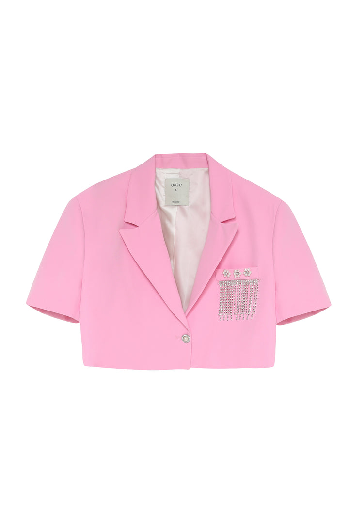 Taş Aksesuar Cepli Crop Blazer Ceket Pembe