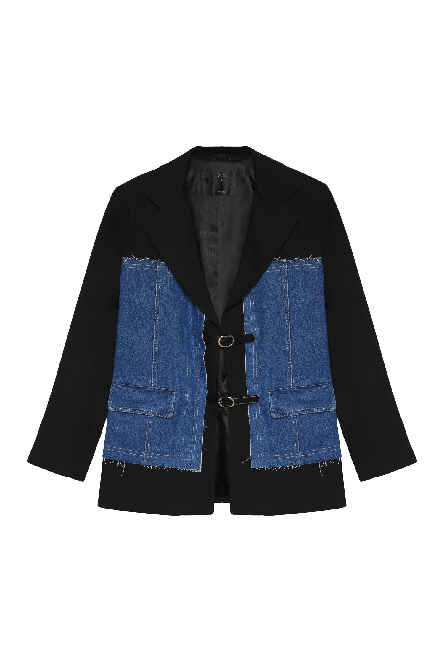 Kemer Aksesuarlı Denim Match Blazer Ceket Siyah