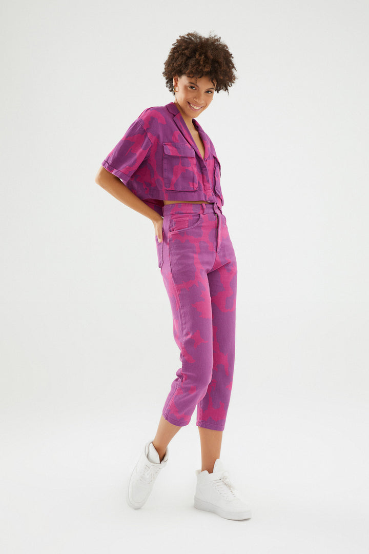 Desenli Gabardin Mom Pantolon Orkide