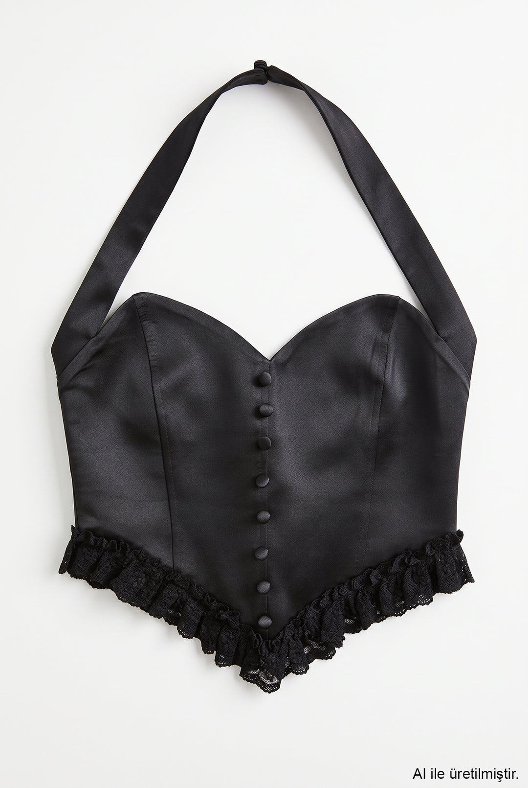 Dantel Garnili Halter Yaka Saten Bluz Siyah