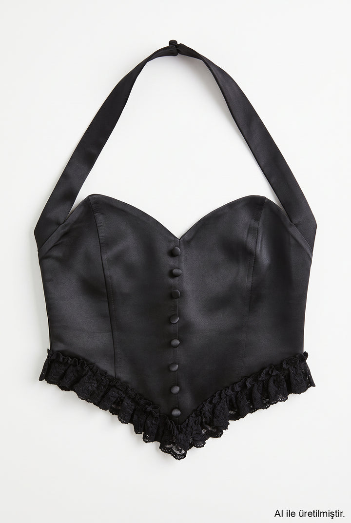 Dantel Garnili Halter Yaka Saten Bluz Siyah
