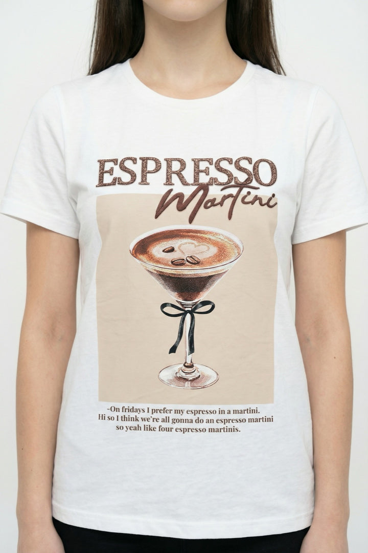 Espresso Nakışlı Baskılı Oversize Tişört Ekru