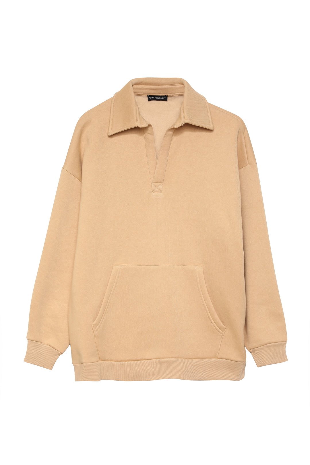 Kangaroo Pocket Polo Neck Sweatshirt Beige