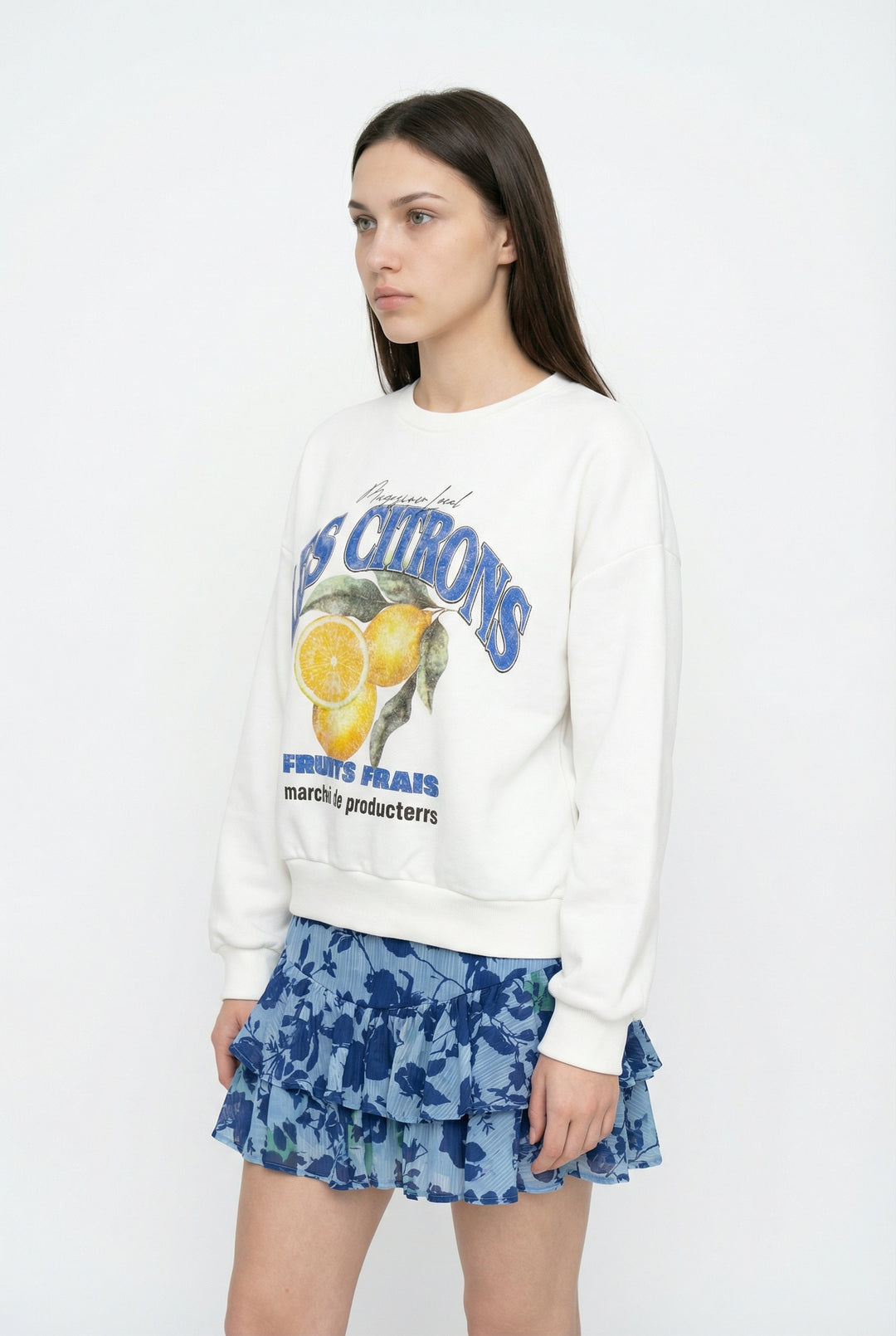 Limon Baskılı Bisiklet Yaka Oversize Sweatshirt Ekru