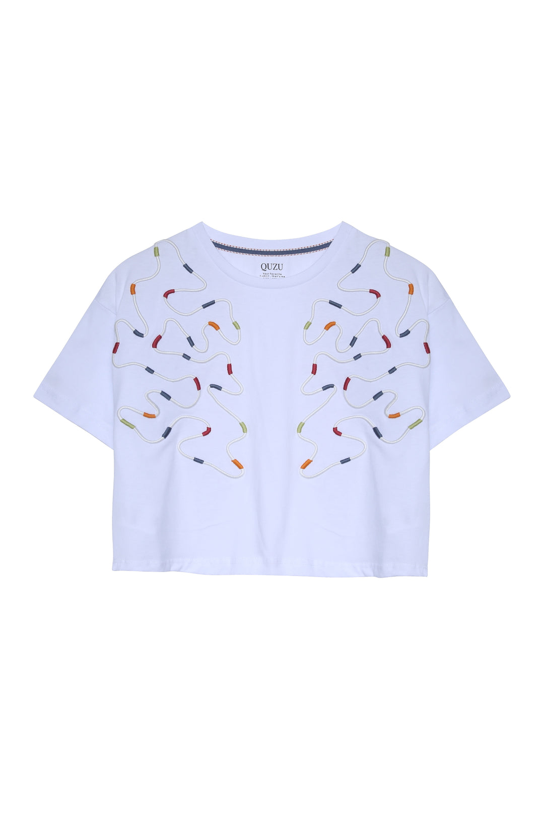 Renkli Nakış Detaylı Crop Tişört Beyaz