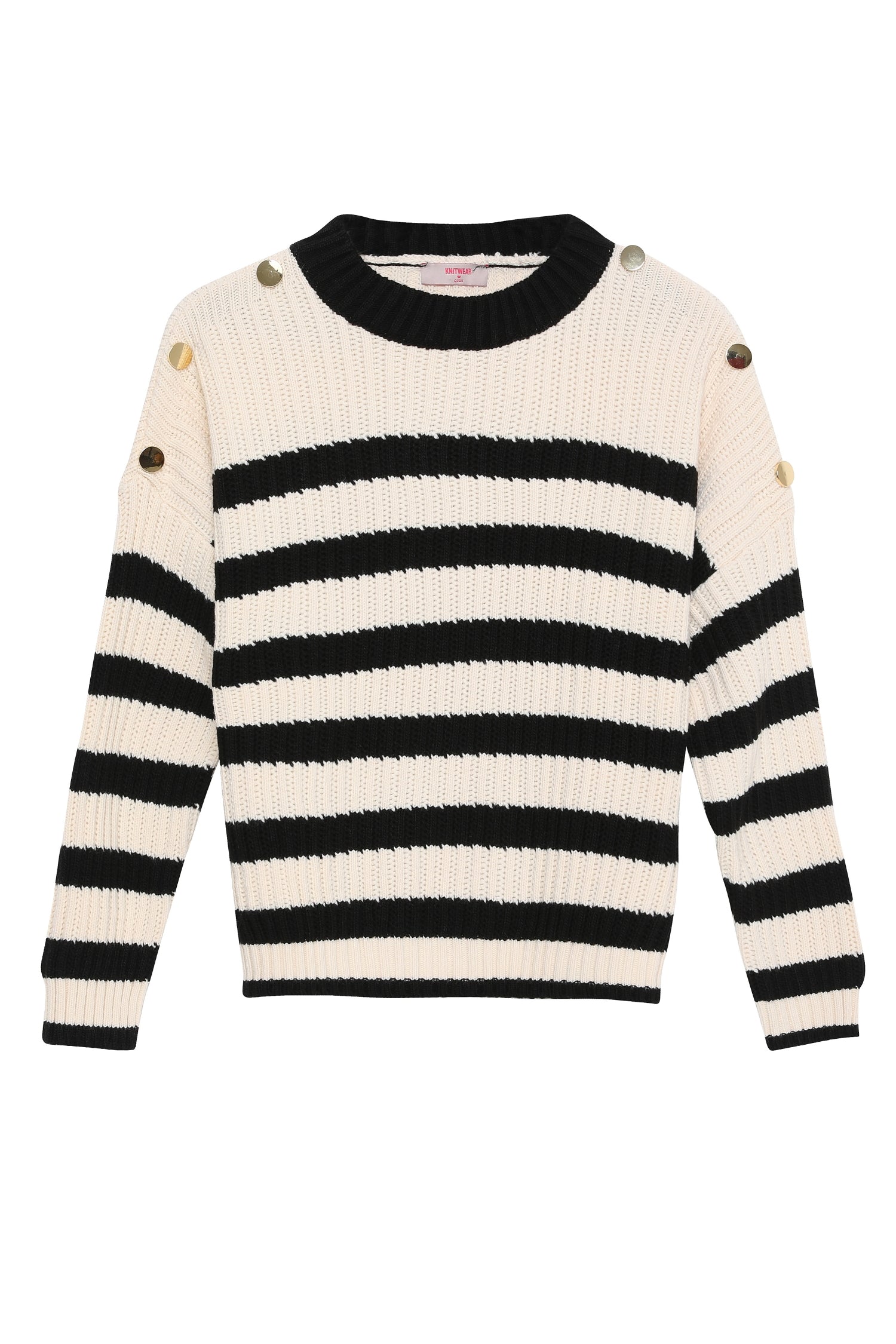 Buttoned Shoulder Striped Sweater Black