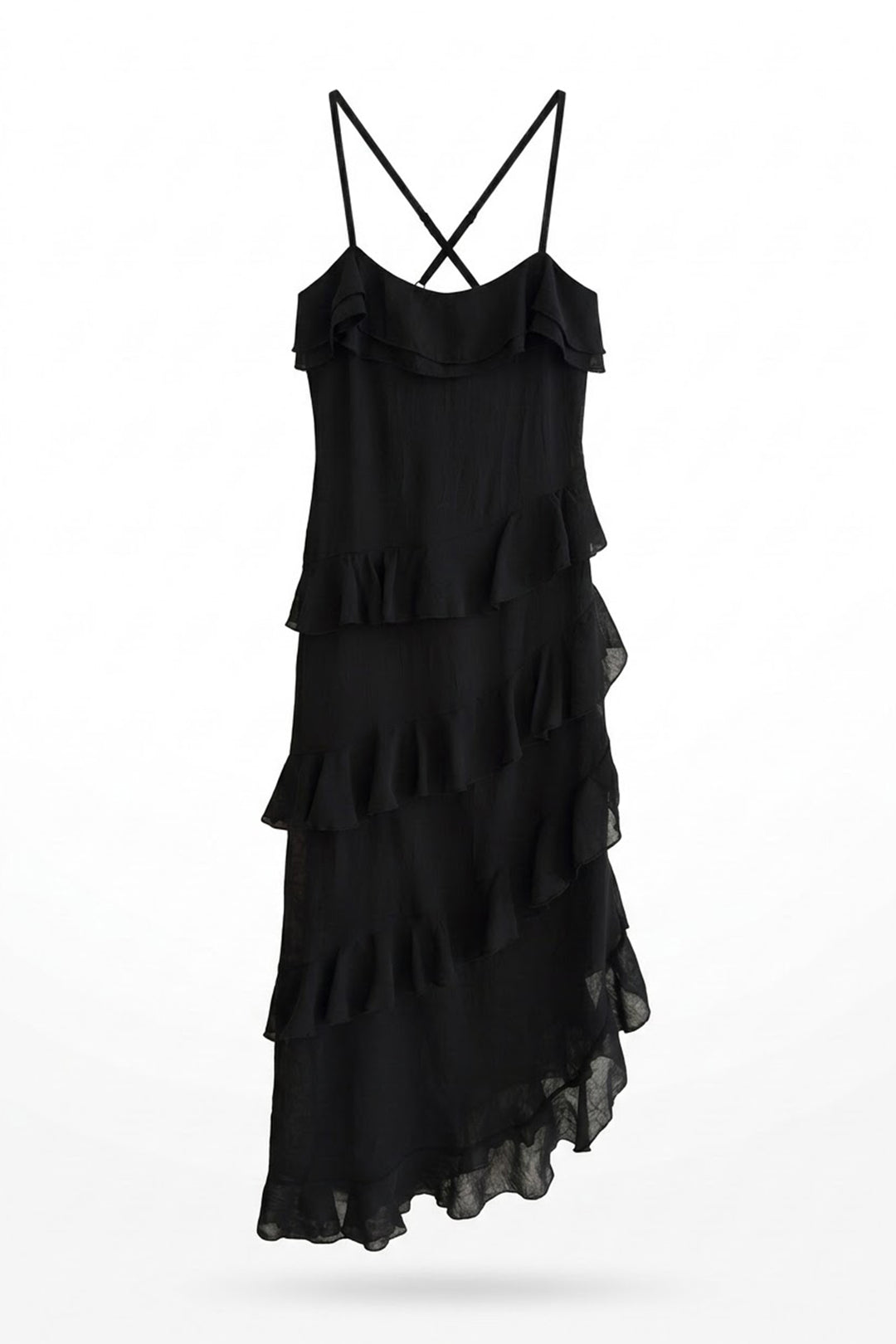 Çapraz Askılı Katlı Midi Elbise Siyah