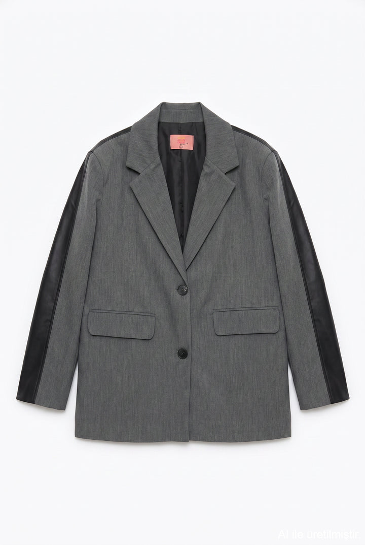 Arkası Deri Blazer Ceket Gri