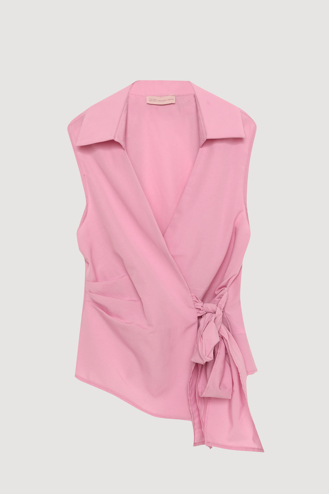 Kruvaze Yaka Bağlamalı Kolsuz Bluz Pembe
