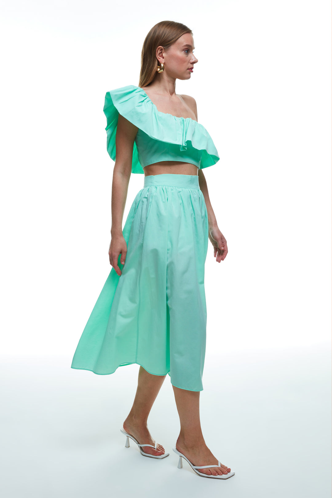 Ruffle Detailed One-Shoulder Crop Blouse Mint