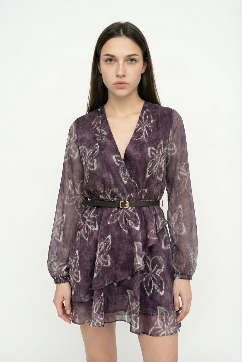 Çiçek Desenli Kemerli Şifon Mini Elbise Kahverengi