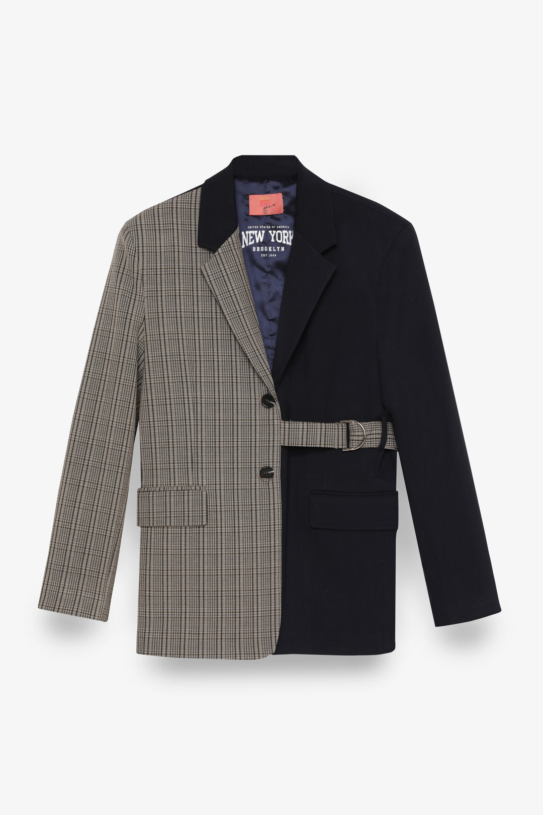 Ekose Garnili Kuşak Detaylı Oversize Blazer Ceket Lacivert
