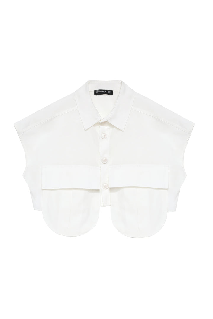 Kargo Cepli Kolsuz Crop Gömlek Ekru