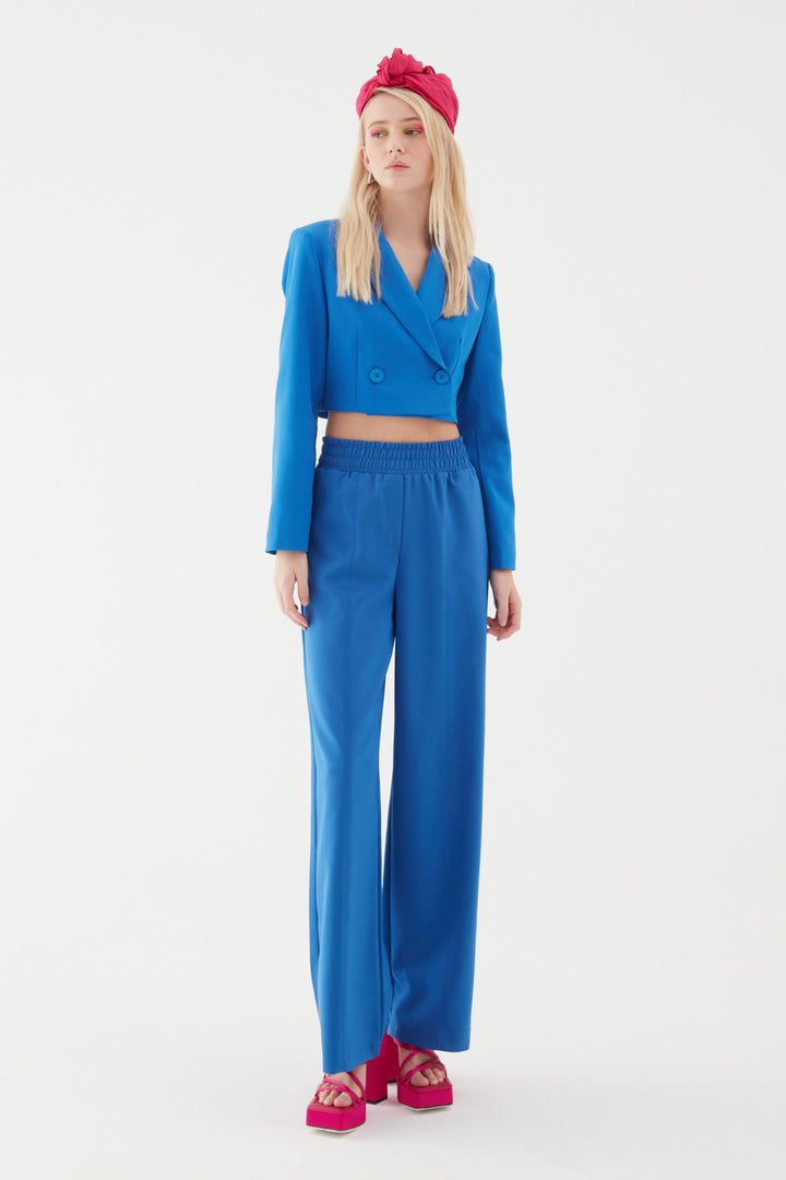 Kruvaze Crop Blazer Ceket Sax