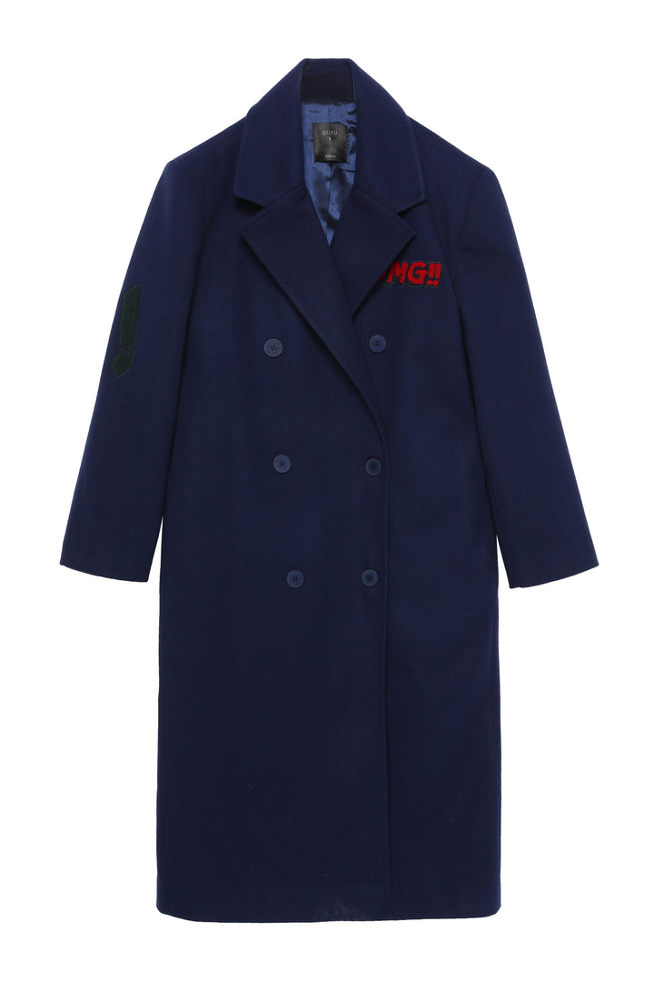 Nakış Detaylı Kaşe Uzun Kaban Lacivert