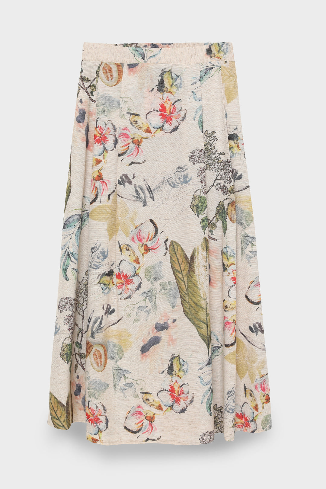Çiçek Desenli Pileli Keten Midi Boy Etek Naturel