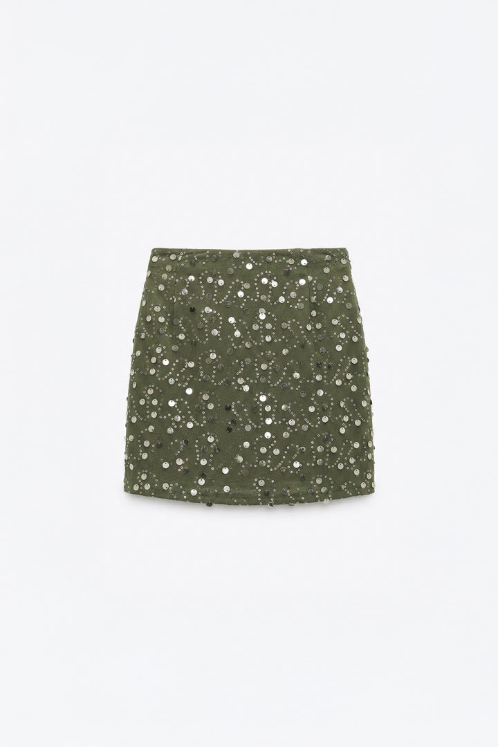 Pul İşlemeli Anvelop Mini Etek Haki