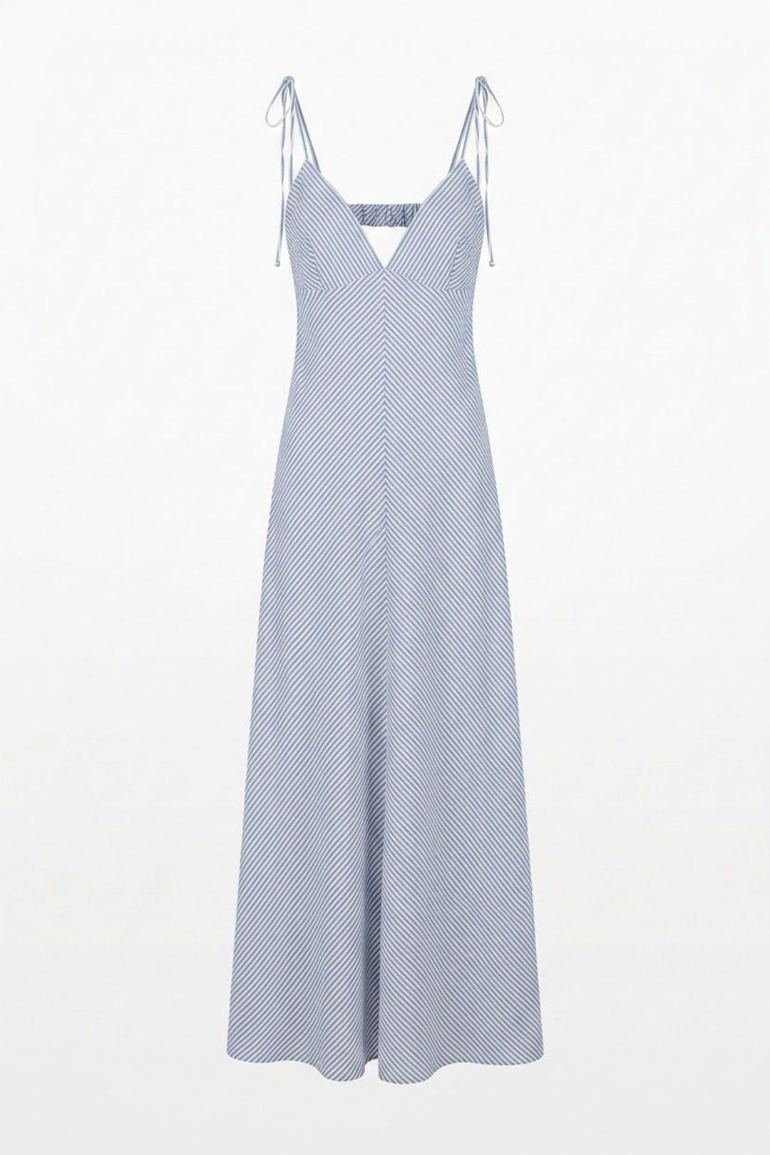 Sırtı Açık Bağlamalı Çizgili Uzun Elbise Mavi