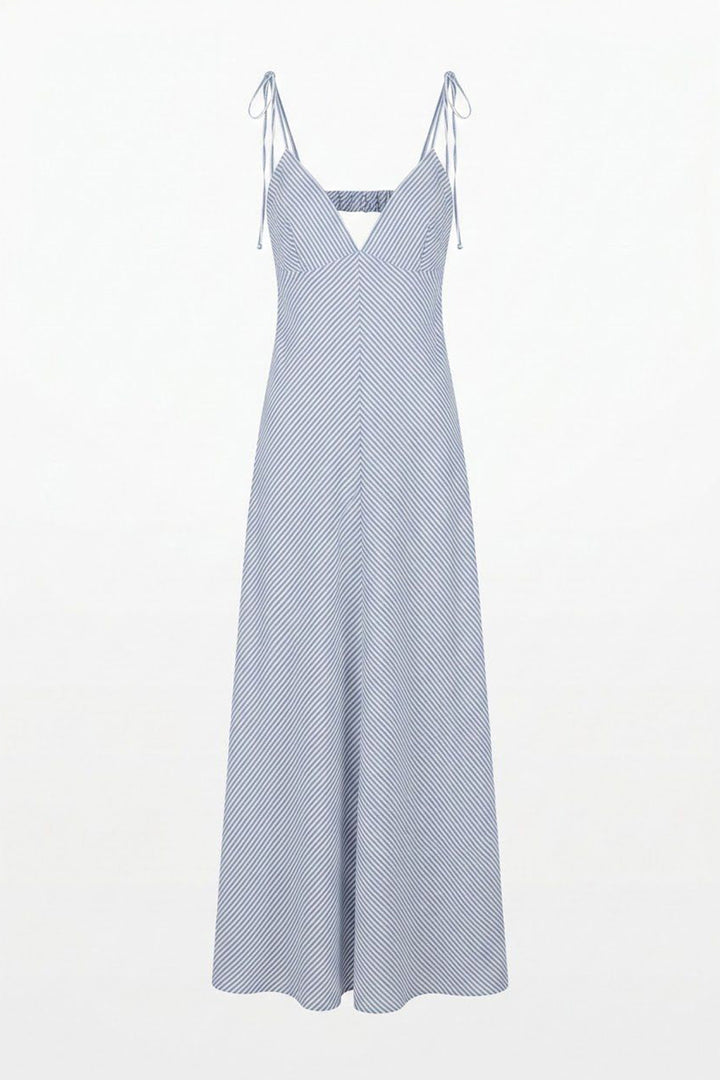 Sırtı Açık Bağlamalı Çizgili Uzun Elbise Mavi