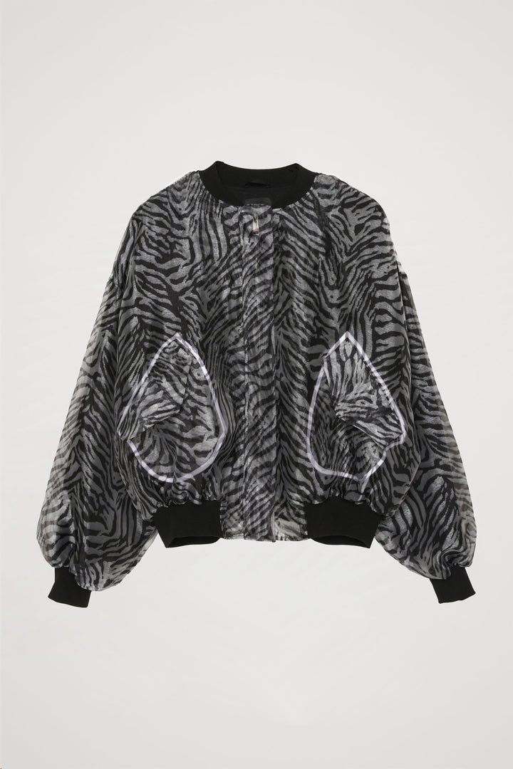 Zebra Desenli Cepli Tül Bomber Ceket Siyah