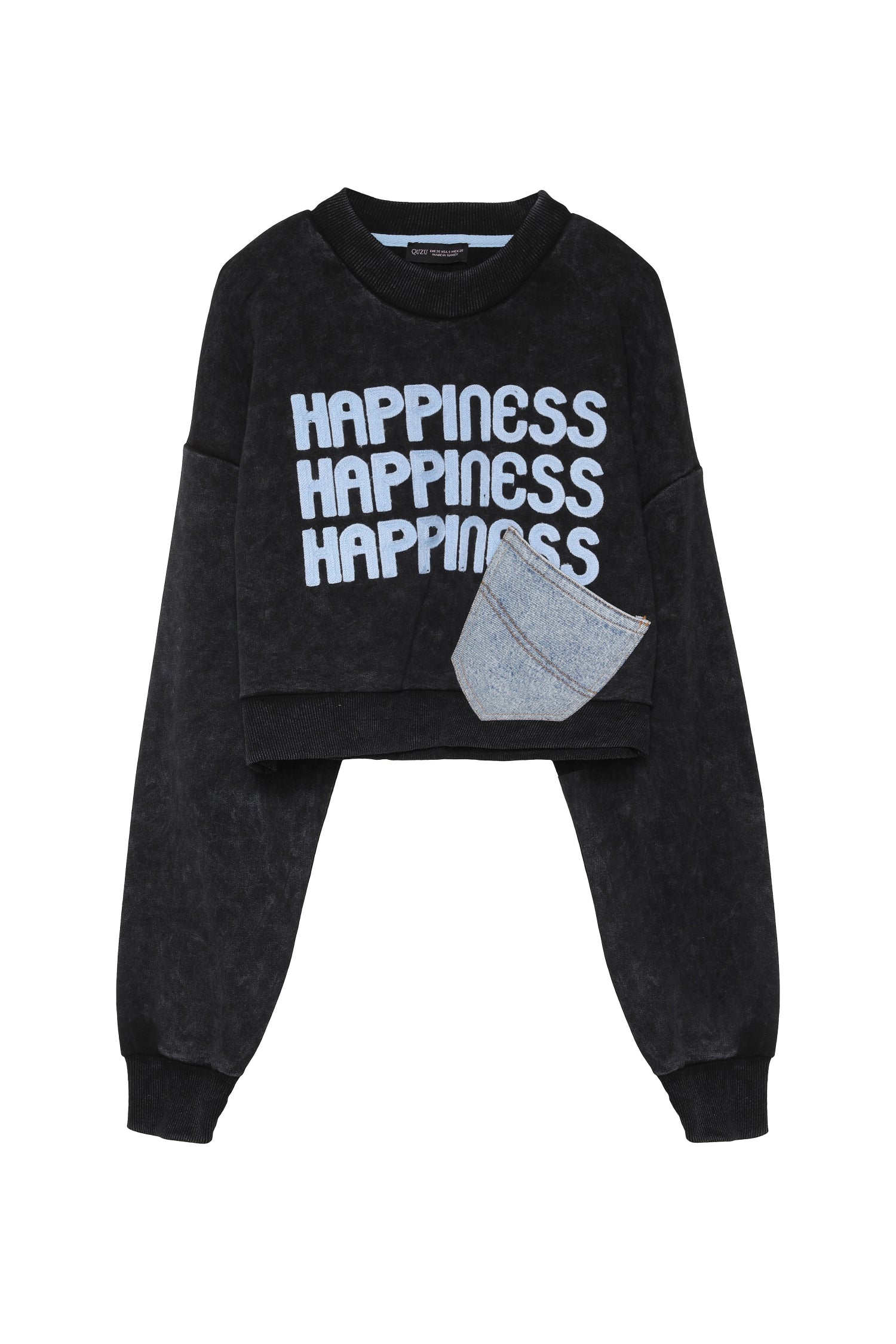 Kot Cep Detaylı Crop Sweatshirt Siyah