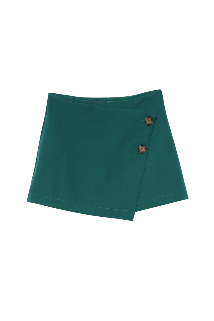 Button Detailed Asymmetrical Short Skirt Dark Green