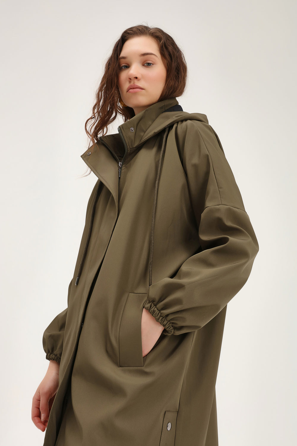 Oversize Hooded Trench Coat Khaki