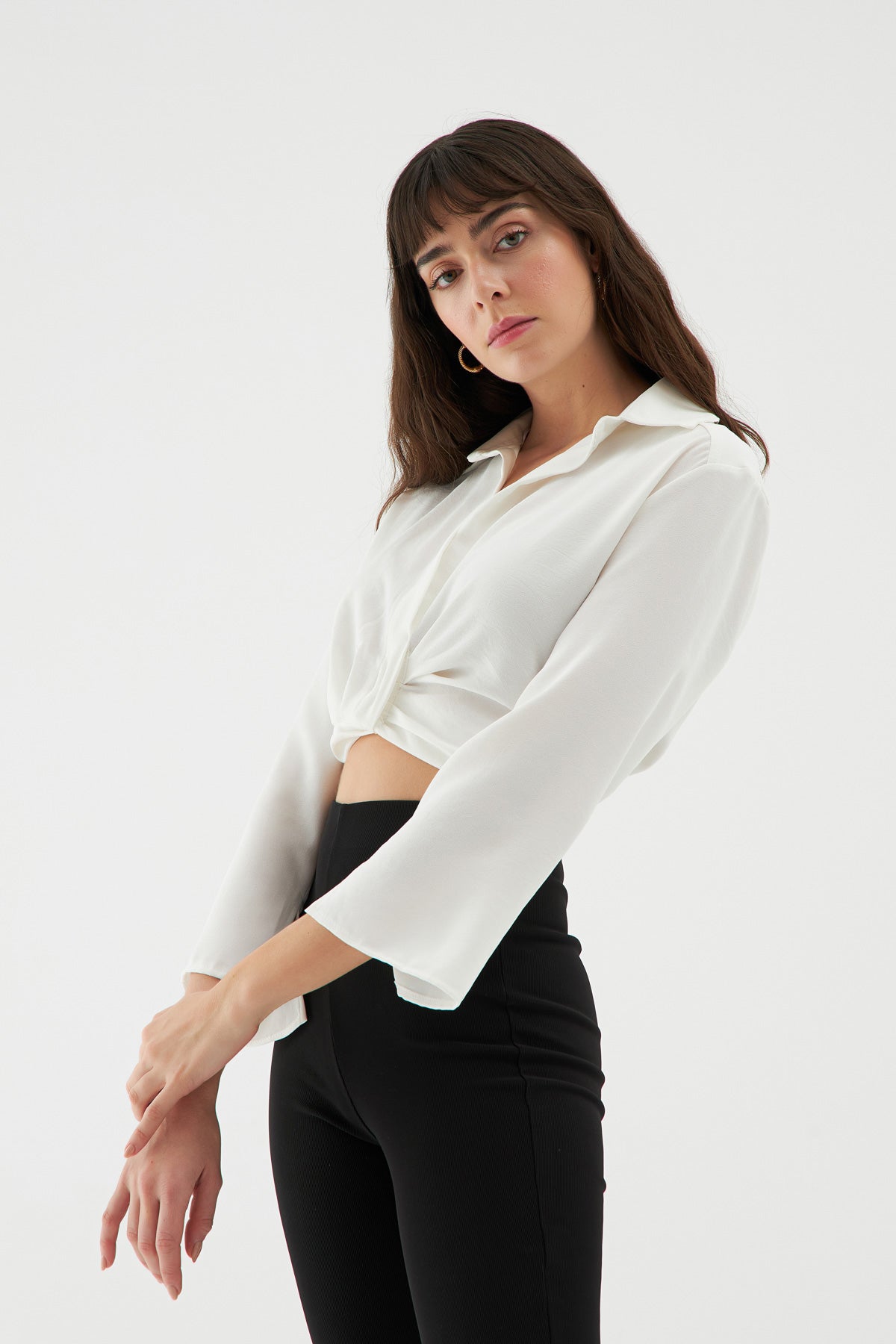 Elastic Waist Crop Shirt White