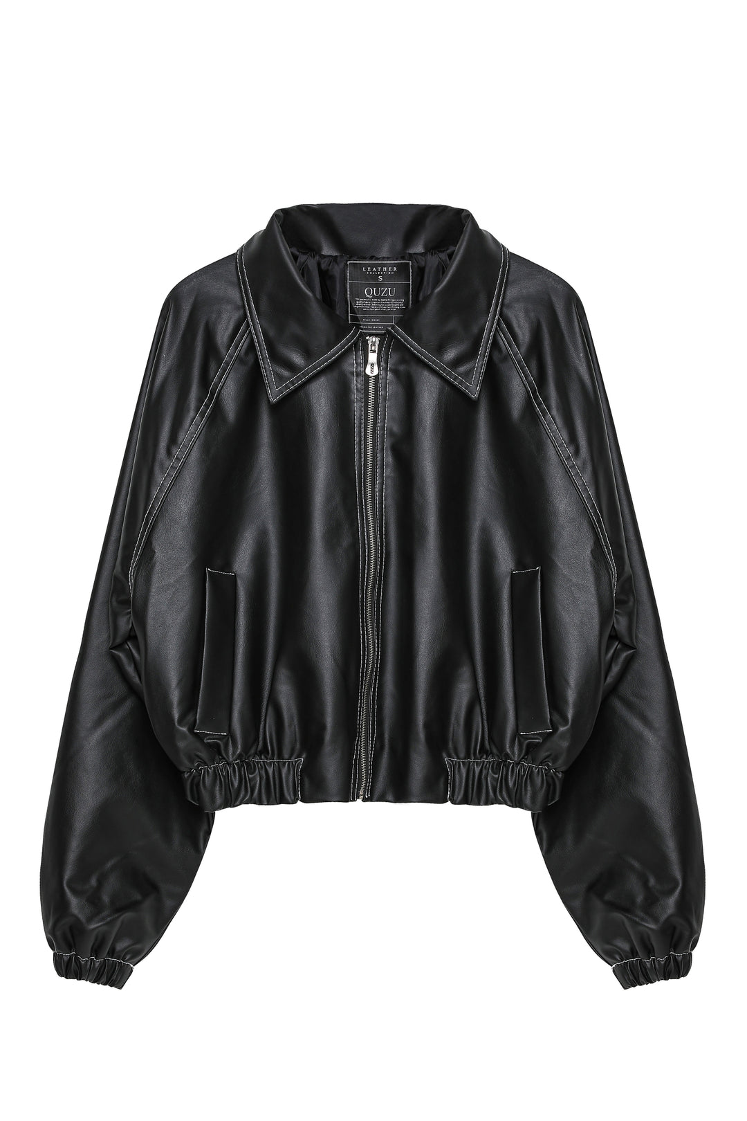 Elastic Waist Zippered Leather Jacket Black