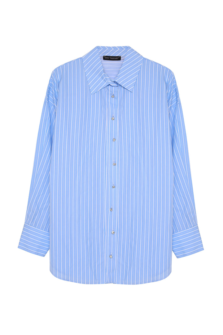 Düğmesi Taş Detaylı Çizgili Gömlek Mavi