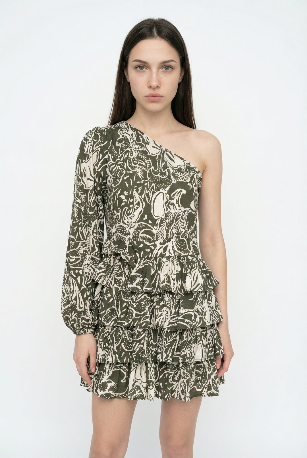 Tek Omuz Desenli Fırfırlı Mini Elbise Haki