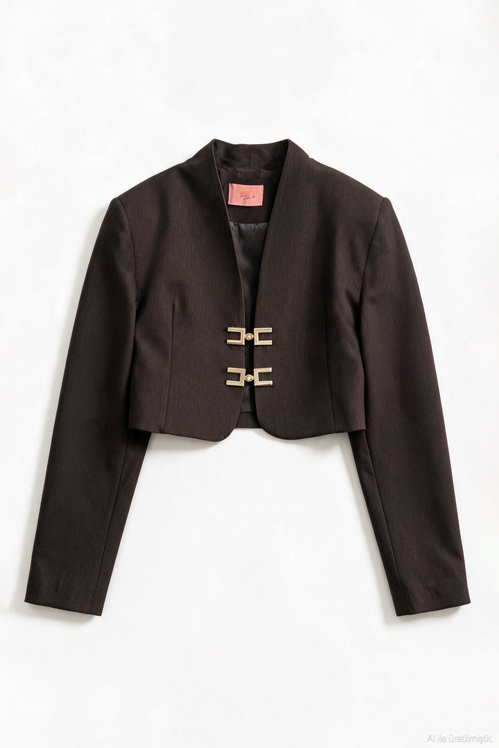 Gold Tokalı Crop Blazer Ceket Kahverengi