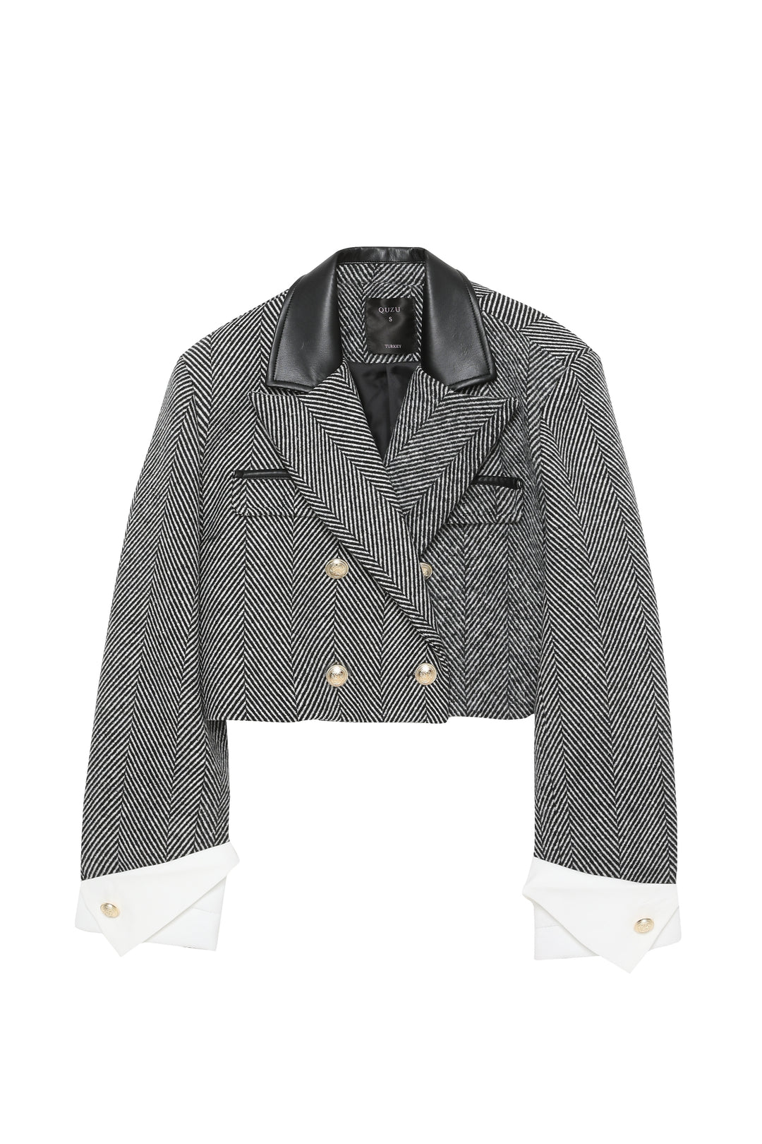 Yakası Deri Detaylı Crop Blazer Ceket Siyah