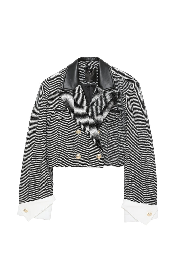 Yakası Deri Detaylı Crop Blazer Ceket Siyah