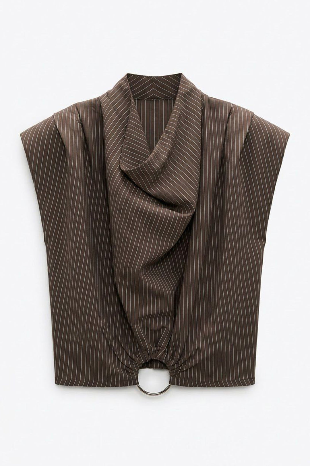 Çizgili Degaje Yaka Vatkalı Bluz Kahverengi