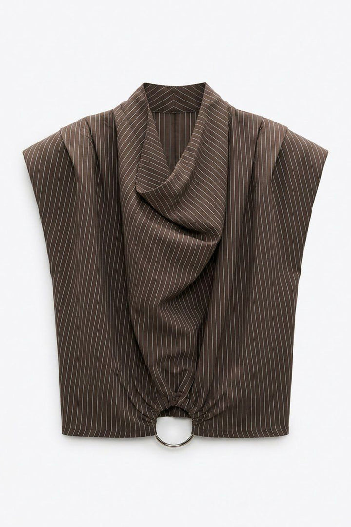 Çizgili Degaje Yaka Vatkalı Bluz Kahverengi