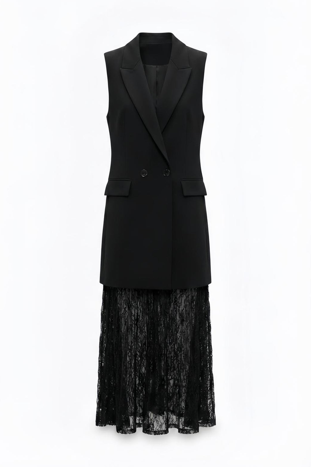 Dantel Etekli Yelek Elbise Siyah