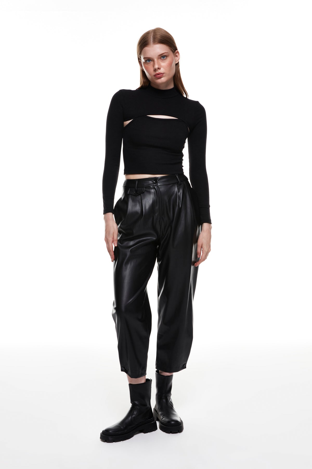 Button Detailed High Waist Leather Trousers Black