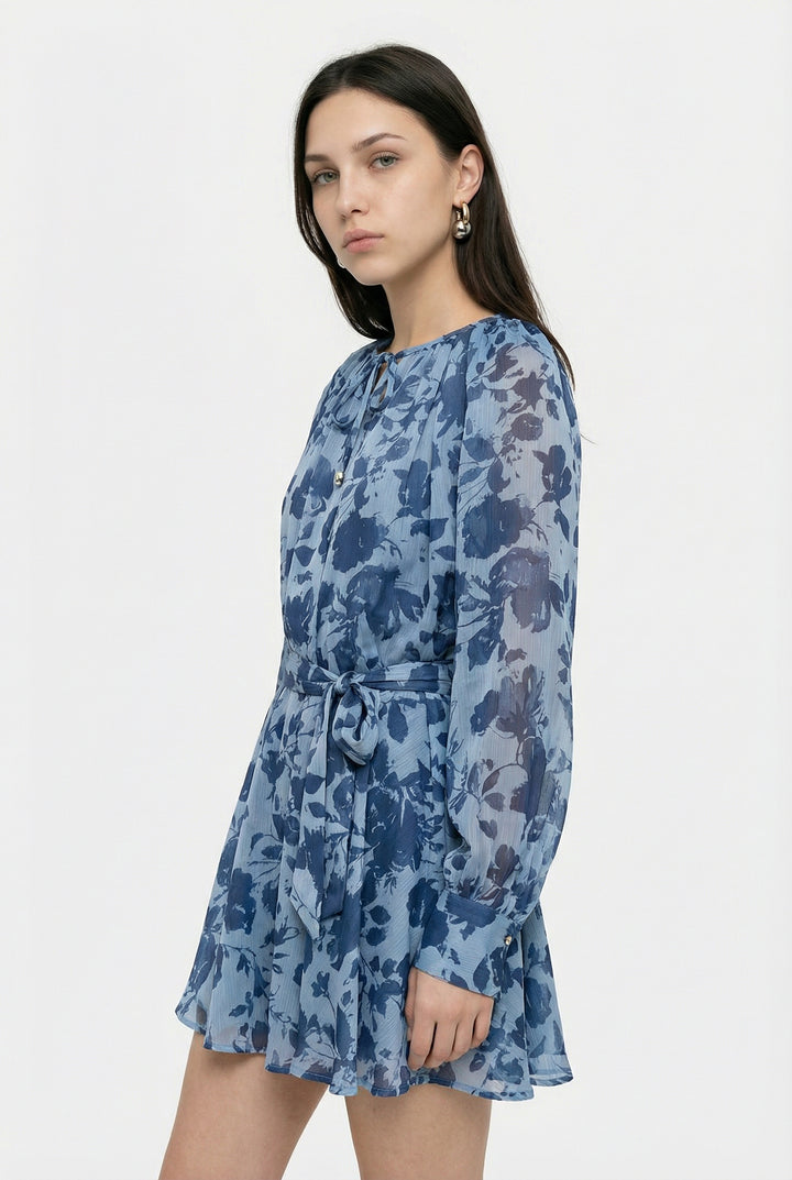 Çiçek Desenli Bağcıklı Mini Elbise Mavi